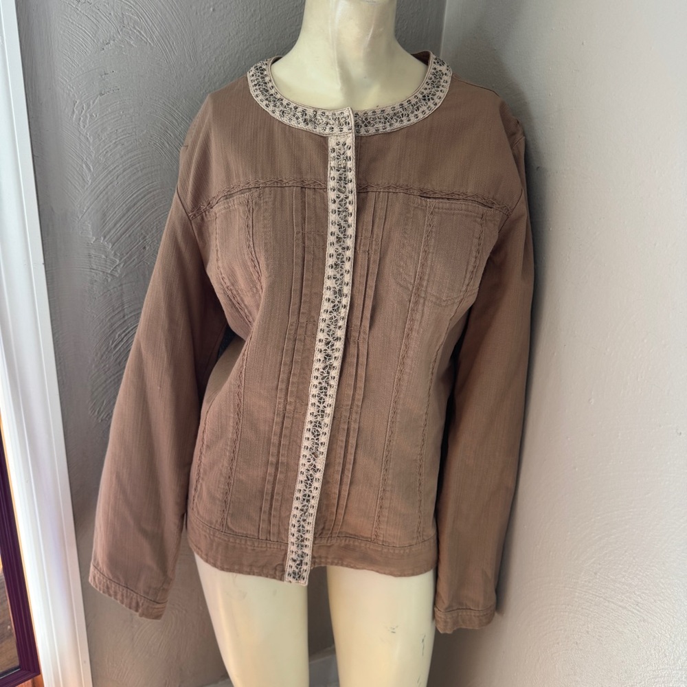 Chico's Brown Denim Beaded Embroidered Trim Casual Blazer size 2 (L)